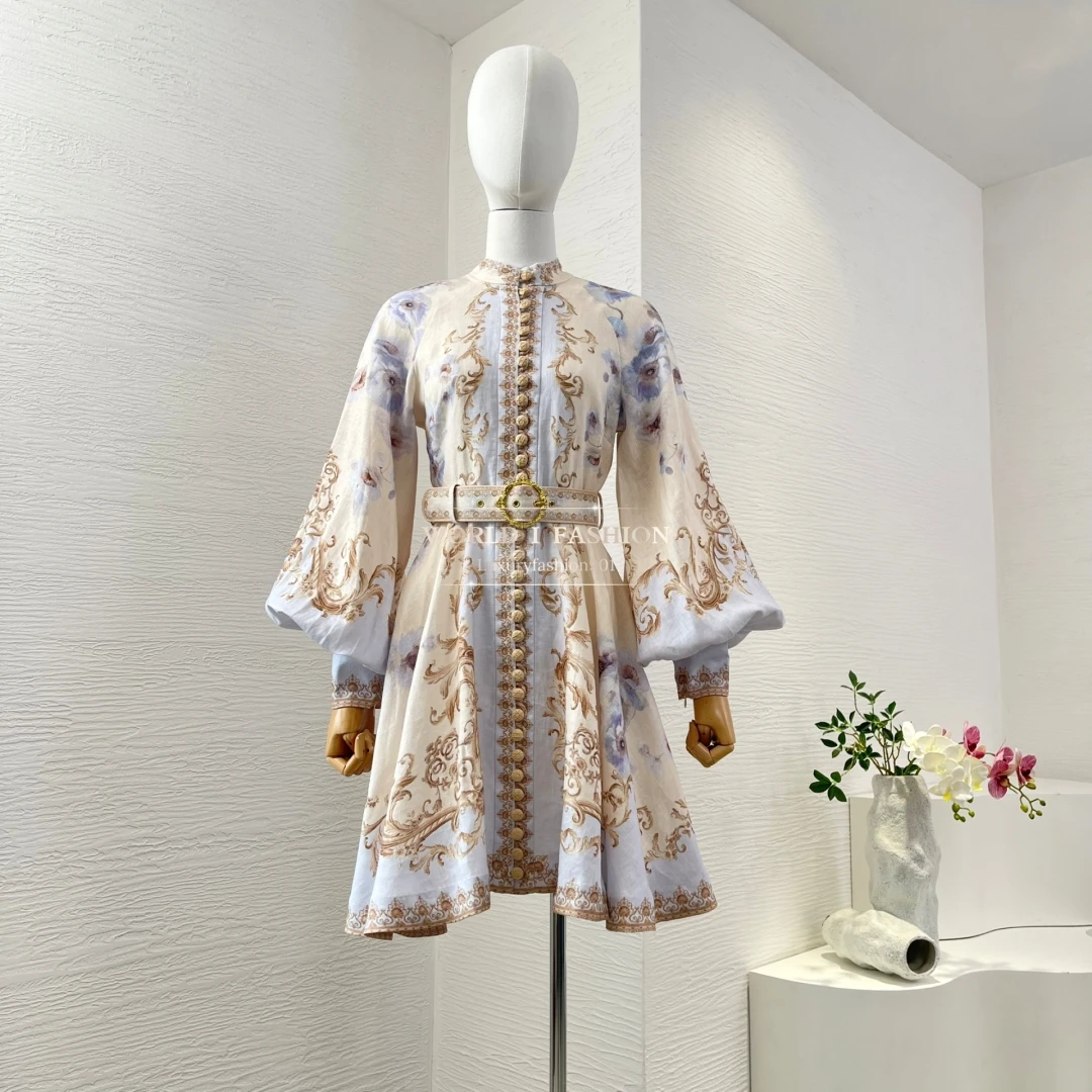 Beige blauwe bloemenprint mini-jurk met lange mouwen voor dames