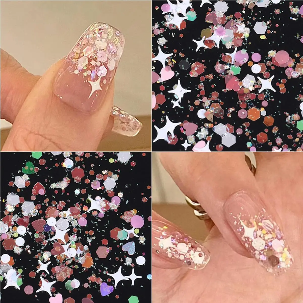 12 グリッド/ボックスピンクホワイトスターラブハートネイルグリッター夏混合ライトピンク六角ネイルスパンコールバレンタインデーマニキュアフレーク