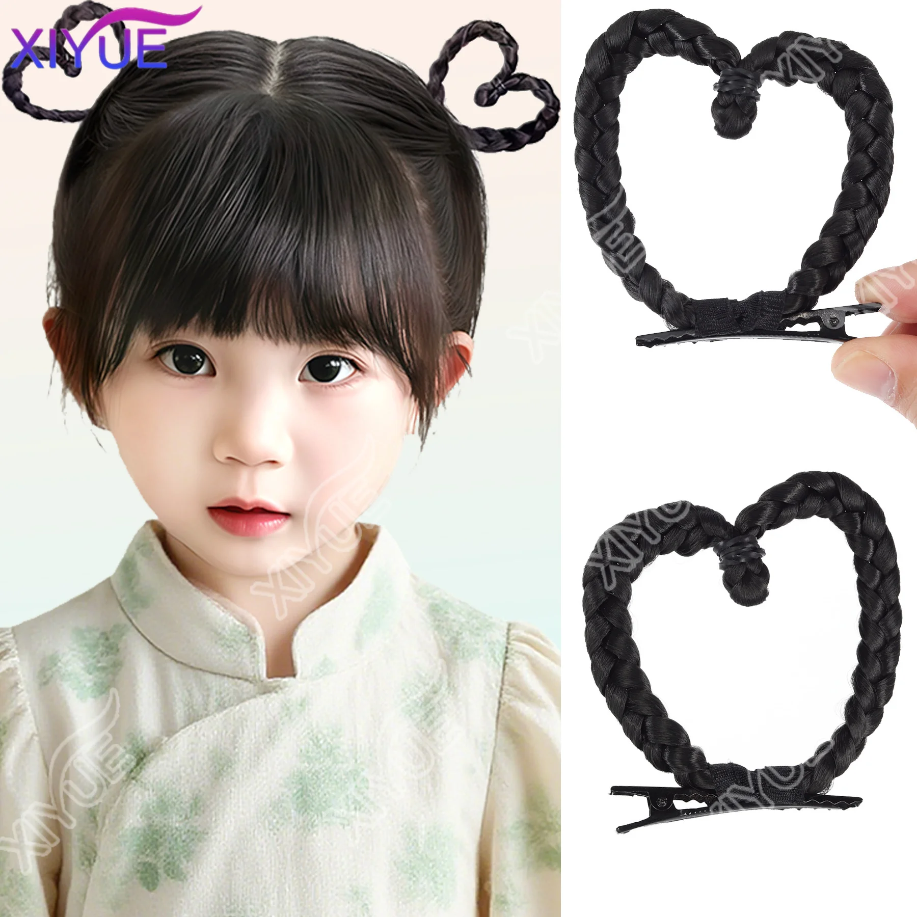 Children's Hanfu wig, heart-shaped braided hair clip, daily girl side tie, cute hair clip, heart-shaped braided hair accessory