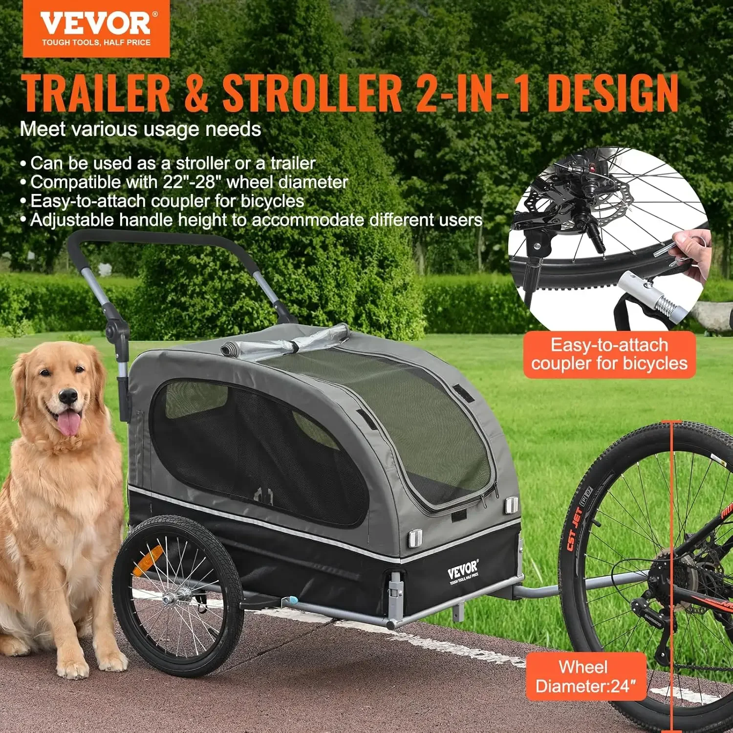 Remorque de vélo pour chien, prend en charge jusqu'à 88 lb, chariot de poussette 2 en 1 pour animaux de compagnie, porte-vélo