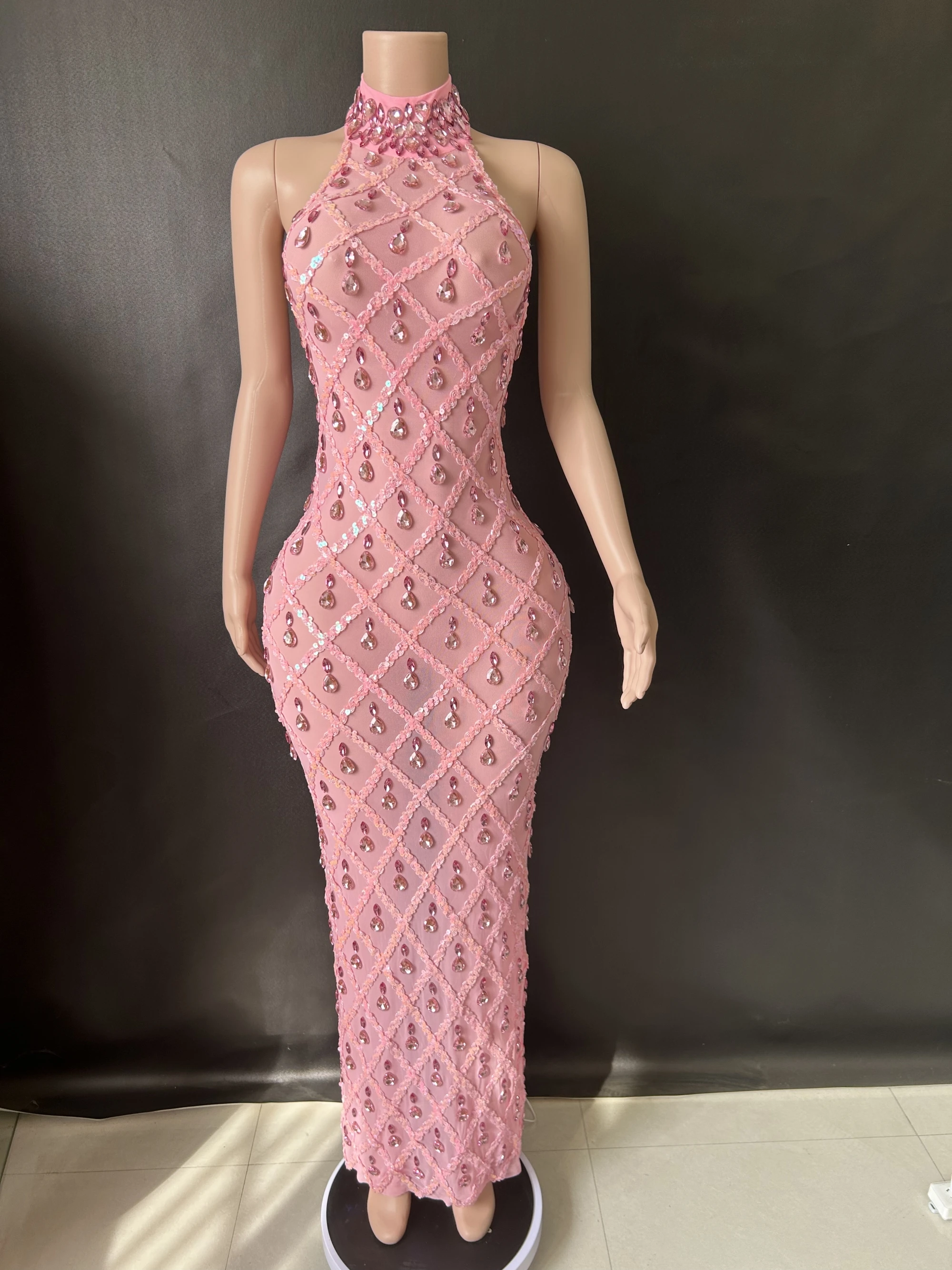 Women Sexy Stage Shining Rhinestone Sequins Dress Evening Prom Birthday Dress Transparent Performance Singer Club Host Dress 7G
