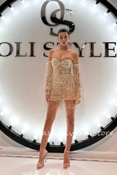 Fashionvane 2024 Customized Sheath Off Shoulder Long Sleeves Fully Beaded Short Homecoming Party Dress