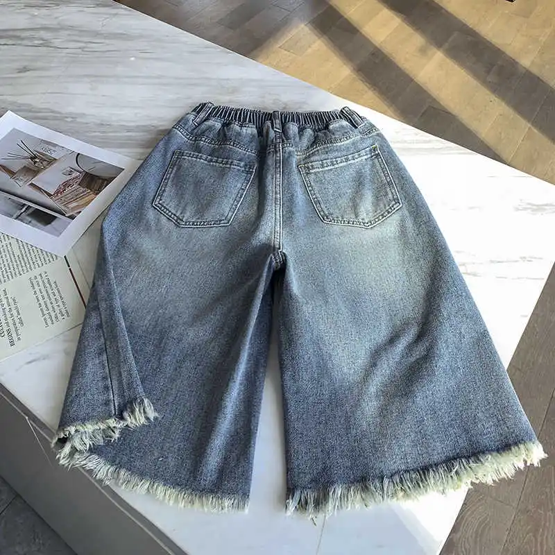ハイウエスト プラス サイズ レディース リップド ショーツ 夏 ルーズ ソリッド カラー ワイドレッグ パンツ ストリート スタイル シンプル すべて一致 ジーンズ
