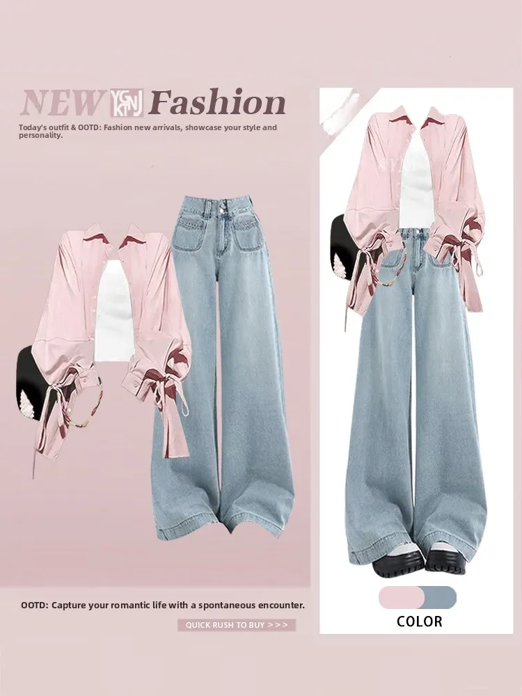 

Pink Bow Tie Shirt Jacket High Waist Wide Leg Jeans Two Piece Set Women's Gentle Wind Small Audience Autumn Fashion