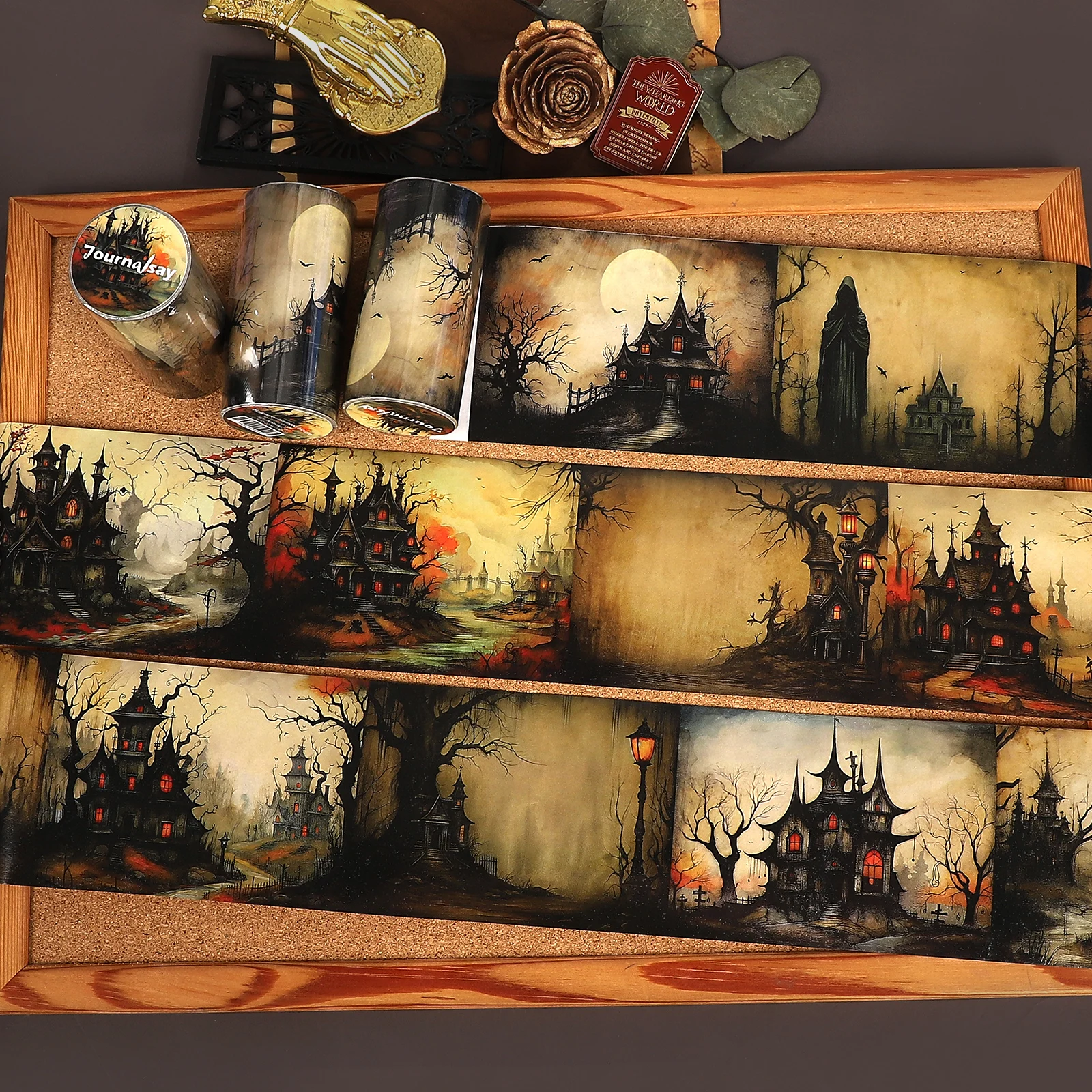 80mm*193cm Vintage Halloween Haunted House Landscape Washi Tape Creative DIY Journal Material Collage Scrapbooking Stationery