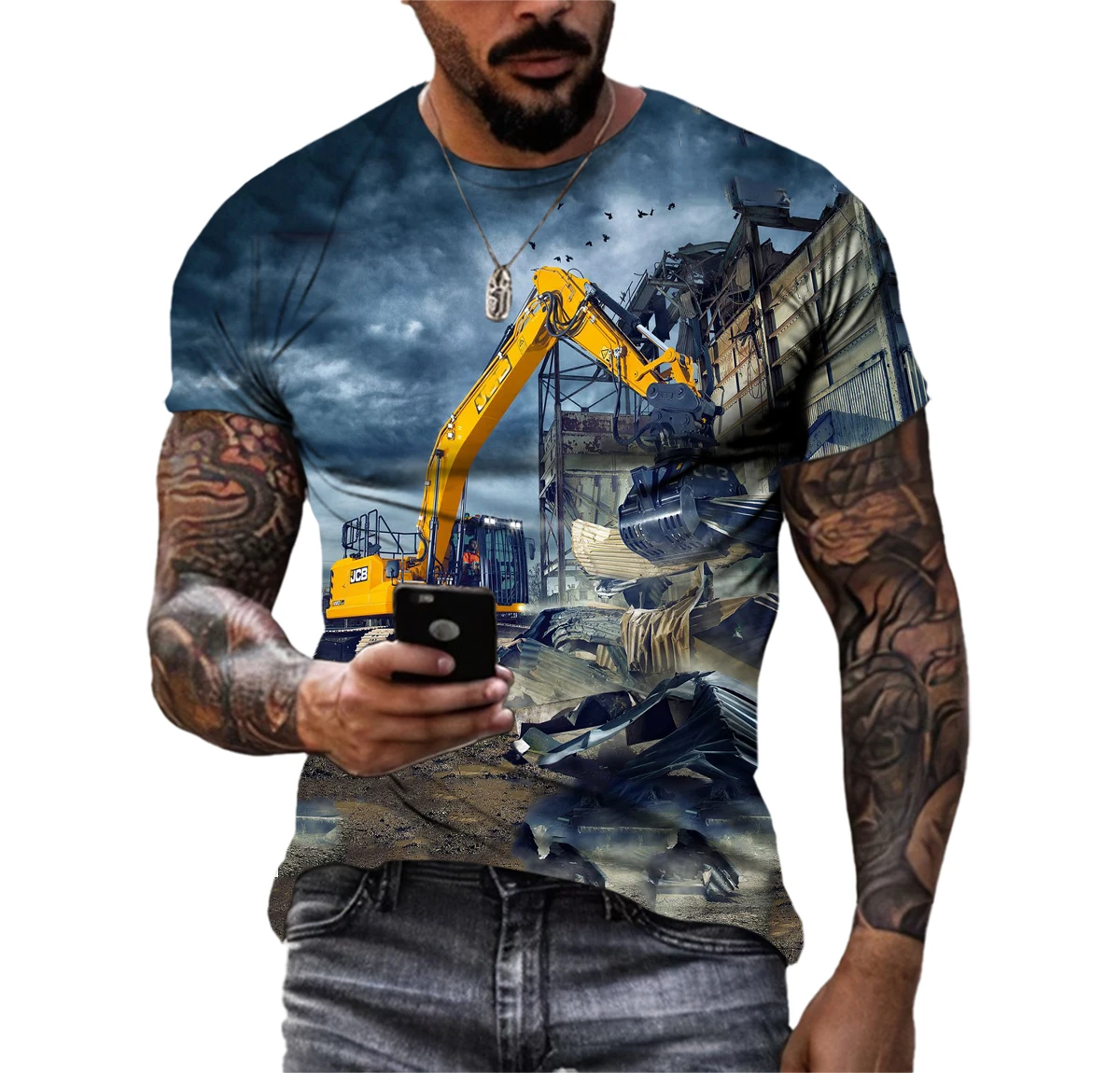 Summer New Men\'S Excavator 3d Printed T-Shirt O Neck Short Sleeve Personality Mechanical Engineering Vehicle Graphic Top