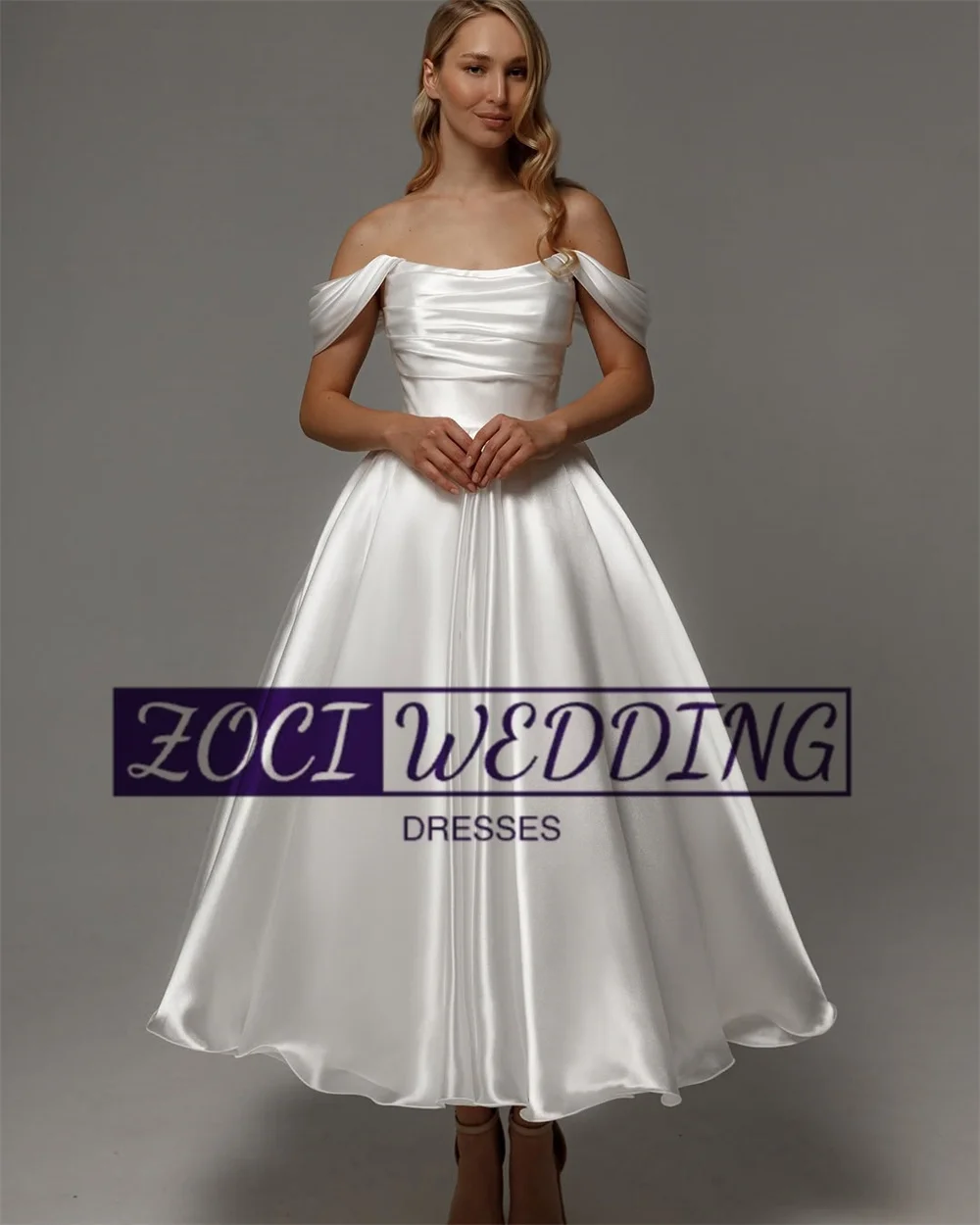 Zoci Luxury Off Shoulder Wedding Dresses Customized Pleat Strapless Tea Length Bride Dress Princess Draped Backless Bridal Gown