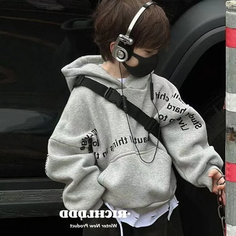 

Korean Sle Fce Lined Hoodie for Boys Autumn Winter Warm Baby Clothes Cotton Sweatirt with Hat Children Faionable Top