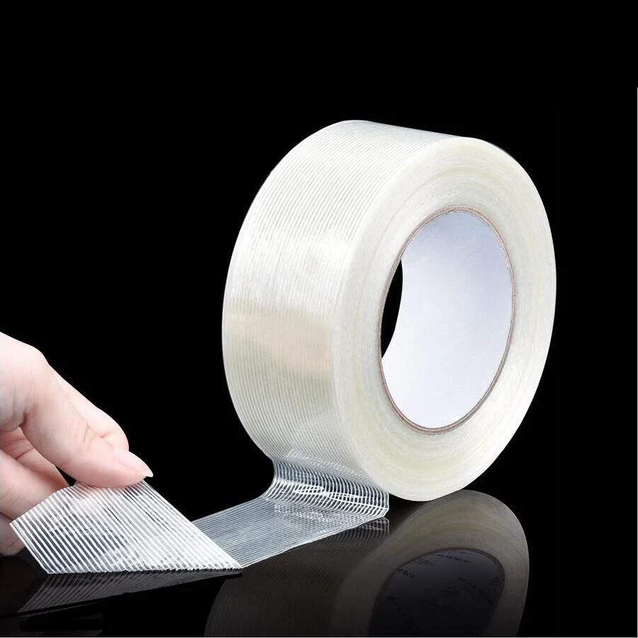 25M Strong Glass Fiber Transparent Striped Single Side Adhesive Tape Industrial Strapping Packaging Fixed Seal Tape