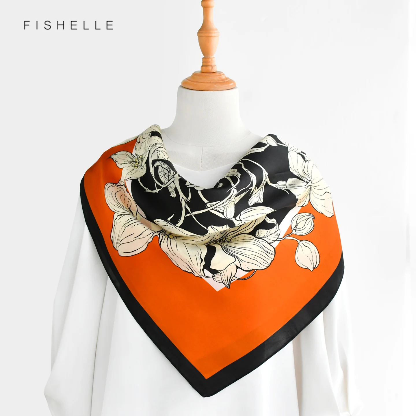 Orange Floral 100% Mulberry Silk Scarf Luxury Women Shawl Wrap Bandana 90cm Silk Satin Hijab Headscarf Neckerchief Foulard Gift view 4