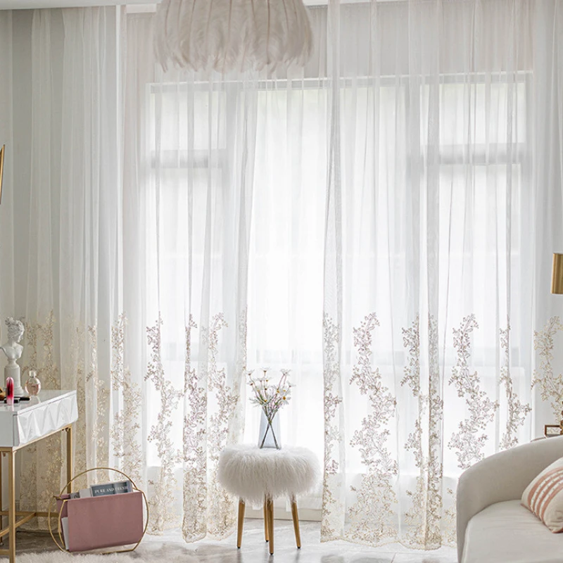 2 Stück europäischer goldener Stickerei-Spitzen-Tüll-Vorhang für Wohnzimmer, Schlafzimmer, Esszimmer, Heimdekoration