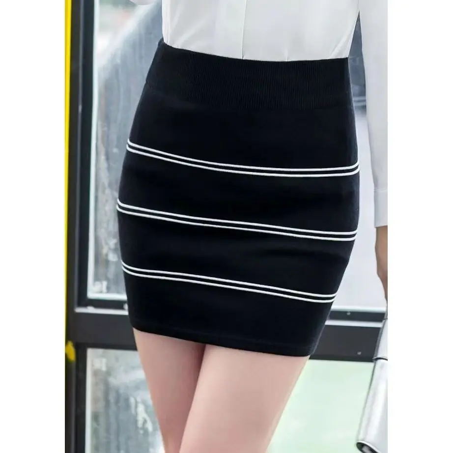 Autumn Winter Stripe Knitted Skirt Women Tight Thin Bodycon Wrap Pencil Skirt Sexy Club Party Short Mini Skirt Black Red New