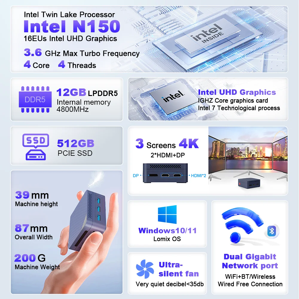 كمبيوتر صغير Ninkear G2 Pro كمبيوتر صغير Intel N150 حتى 3.6 جيجا هرتز 12 جيجا بايت DDR5 512 جيجا بايت M.2 SSD win11 pro كمبيوتر مكتبي صغير كمبيوتر مكتبي صغير