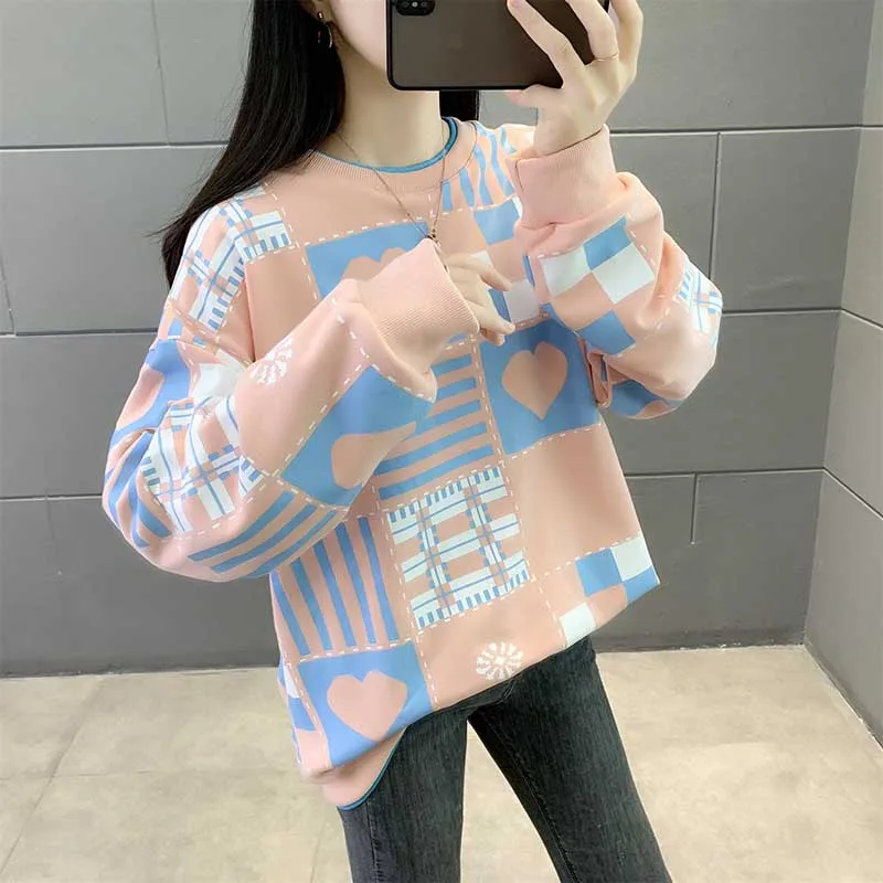 Sweet O-Neck Printed Loose All-match Sweatshirts Female Clothing 2023 Autumn Winter Oversized Korean Tops Casual Sweatshirts