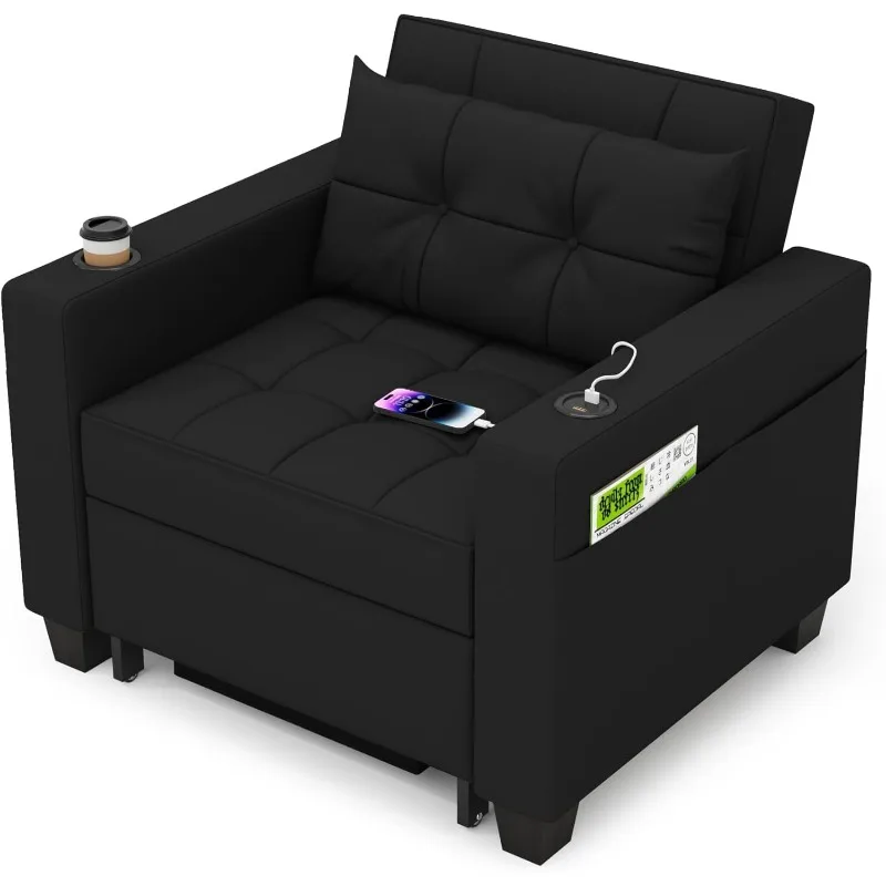 DURASPACE 39 inch Futon Chair Bed Convertible Chair 3-in-1 Pull Out Sleeper Reading Chair Beds with USB, Armchair Sleeper Room