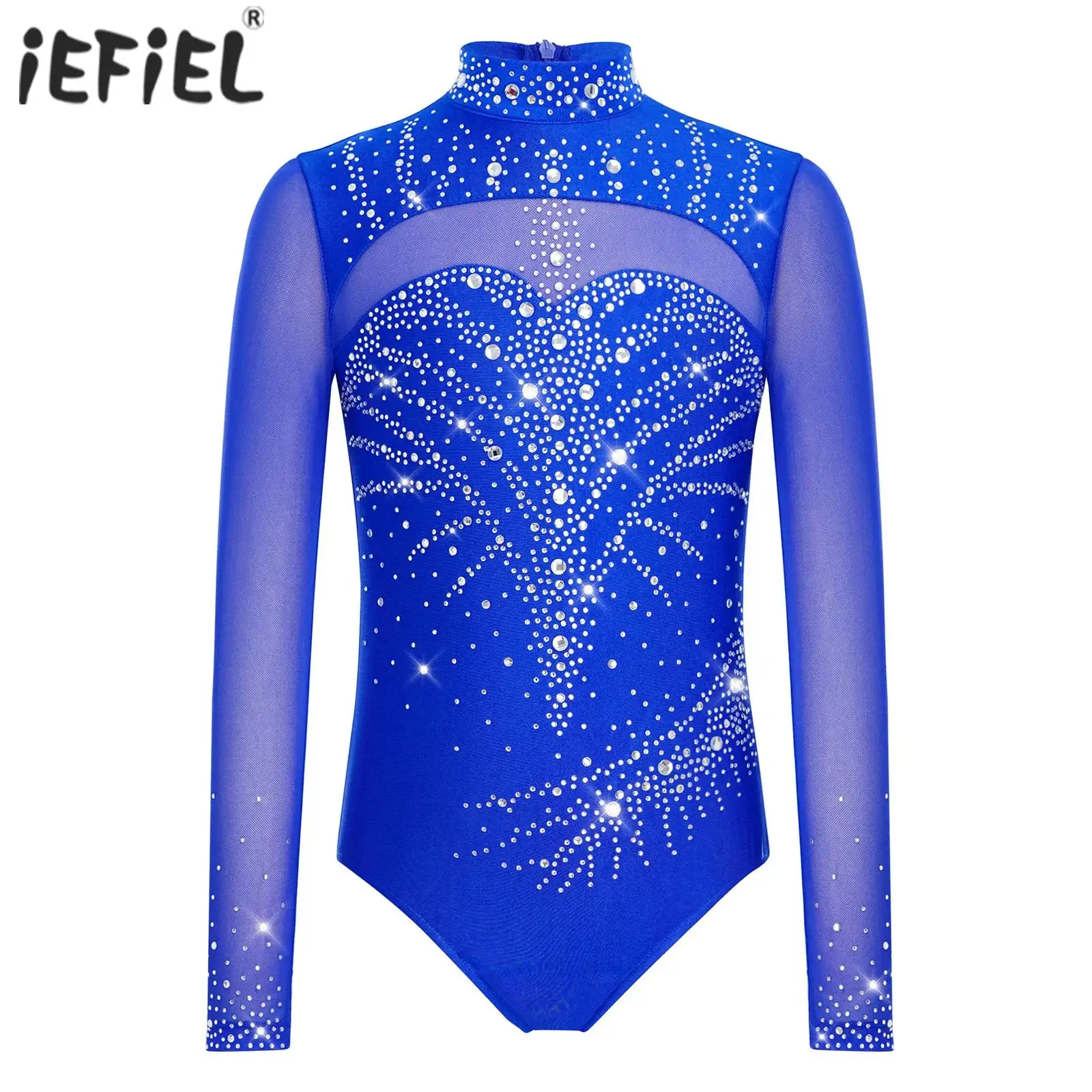 

Детский гимнастический купальник для девочек с высоким воротом, длинными рукавами, сетчатыми вставками и стразами для выступлений и соревнований