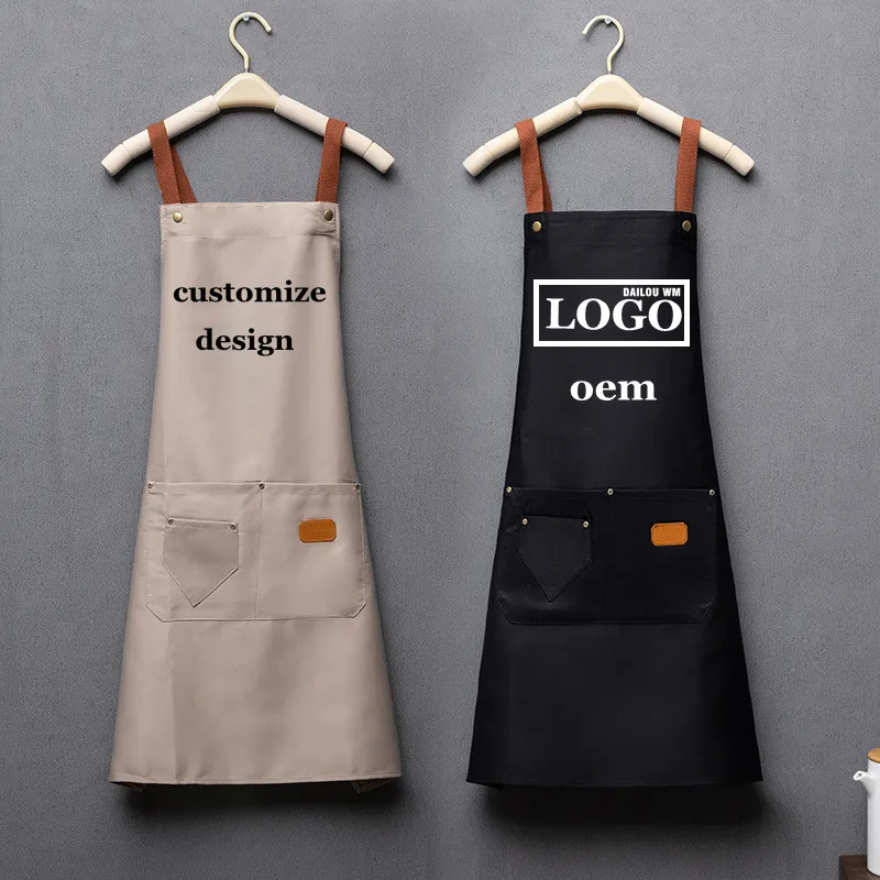 Customized personality logo signature men\'s and women\'s kitchen aprons home chef baking clothes with pockets adult bib waist bag