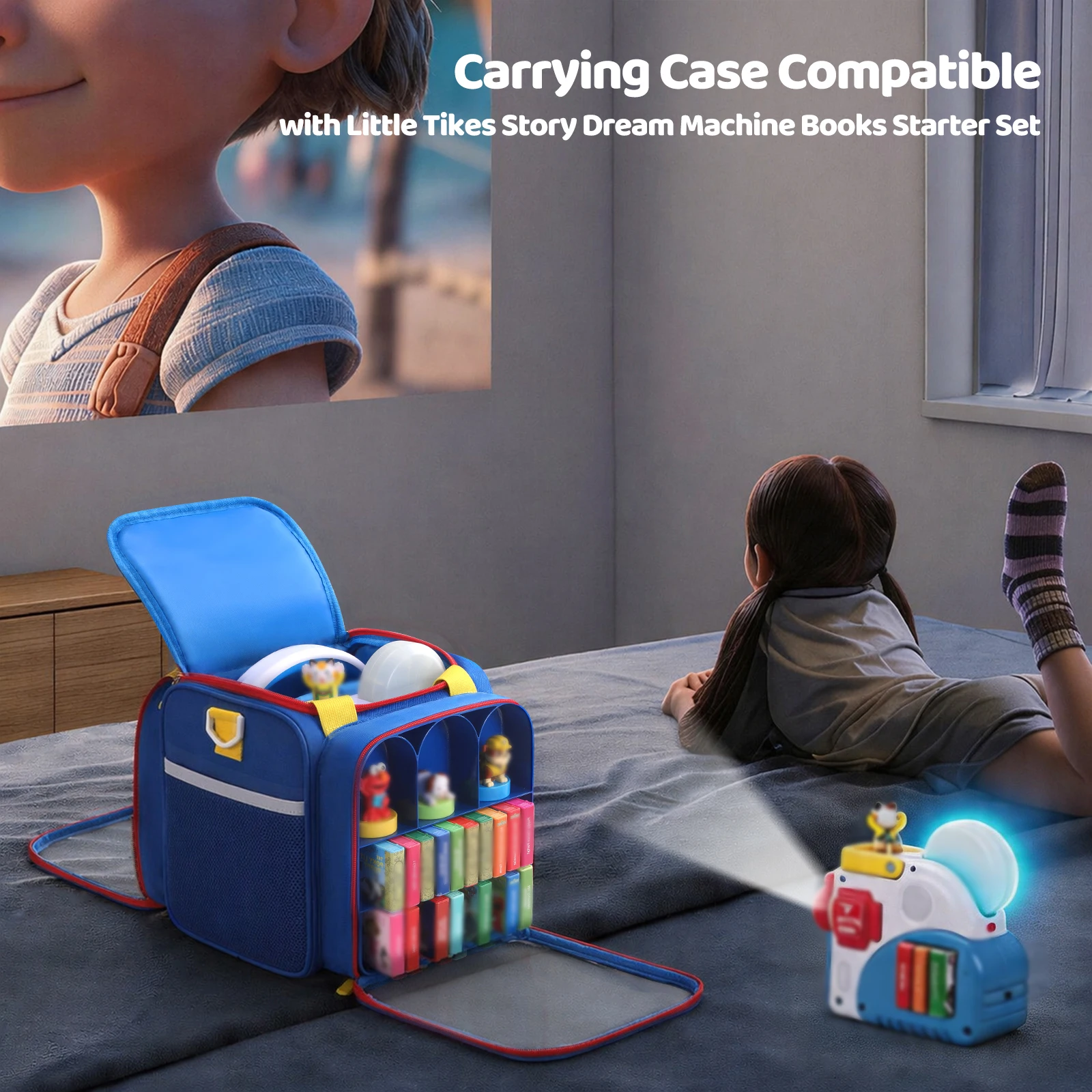 Portable Cute Storage Bag For Little Tikes Story Dream Machine with Strap & Compartments Kids Storybook Carrying Bag