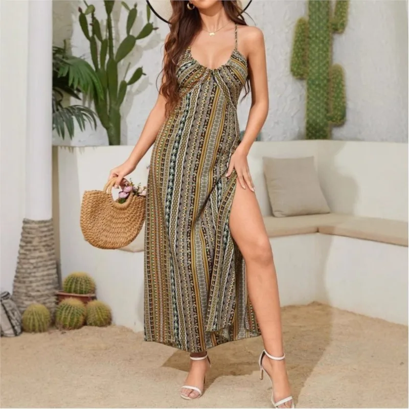 Abito sexy da donna con motivo estivo senza schienale e coscia divisa da donna Boho Fashion con volant e maxi abiti per le vacanze al mare