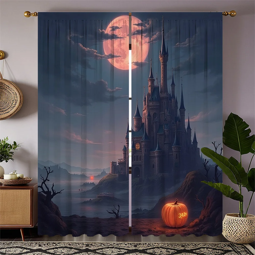 2pcs Halloween Castle & Pumpkin Print Curtains - Full Moon & Full Moon Design, Semi-Transparent Polyester Fabric, Rod Pocket for