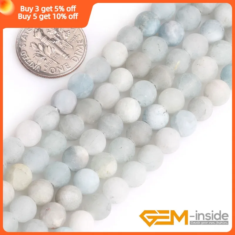 Selectable size: 6/8/10/12mm GEM-inside 1.5mm-2mm Big Hole Natural Round Blue Aquamarines Matte Beads For Jewelry Making15Inches