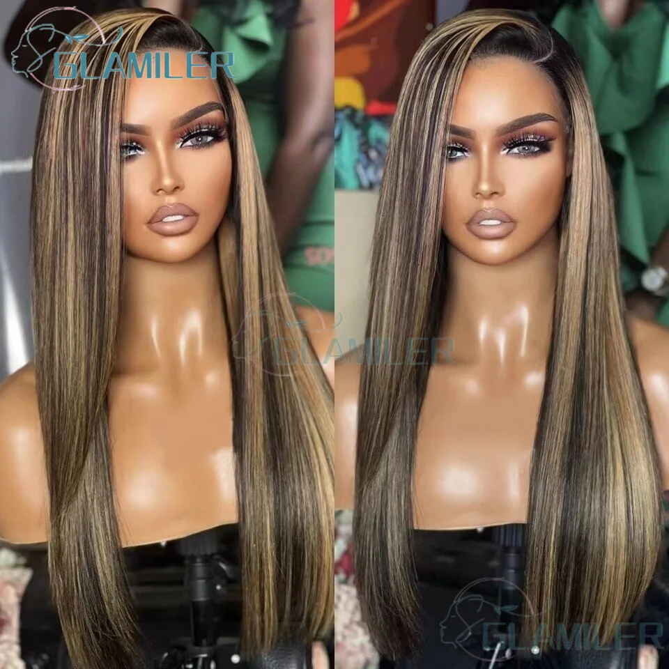 

Highlight Straight 13x4 Silk Base Lace Frontal Wigs Human Hair Blonde Highlights Colored Brazilian 5x5 Silk Top Closure Wigs