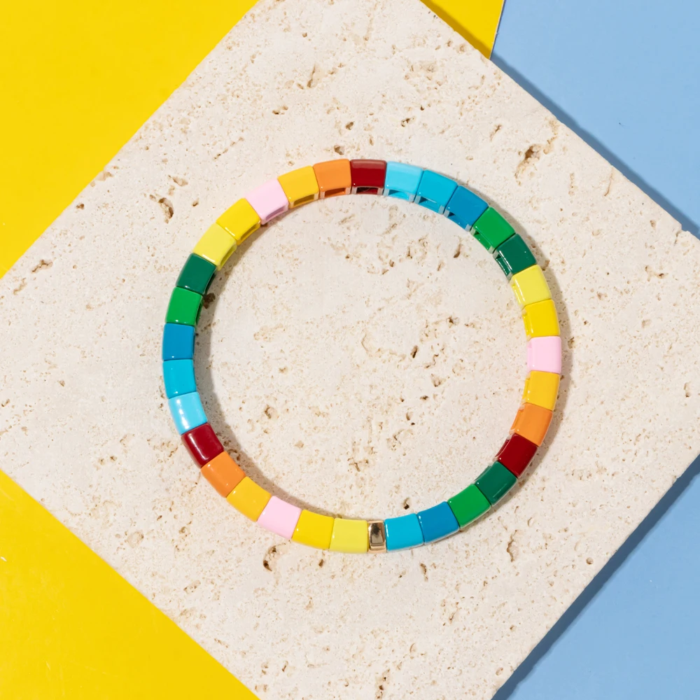 Boho Colorful Enamel Bracelet DIY Personality Tile Geometric Semicircle Rainbow Stitching Lucky Bracelet Zinc Alloy for Women