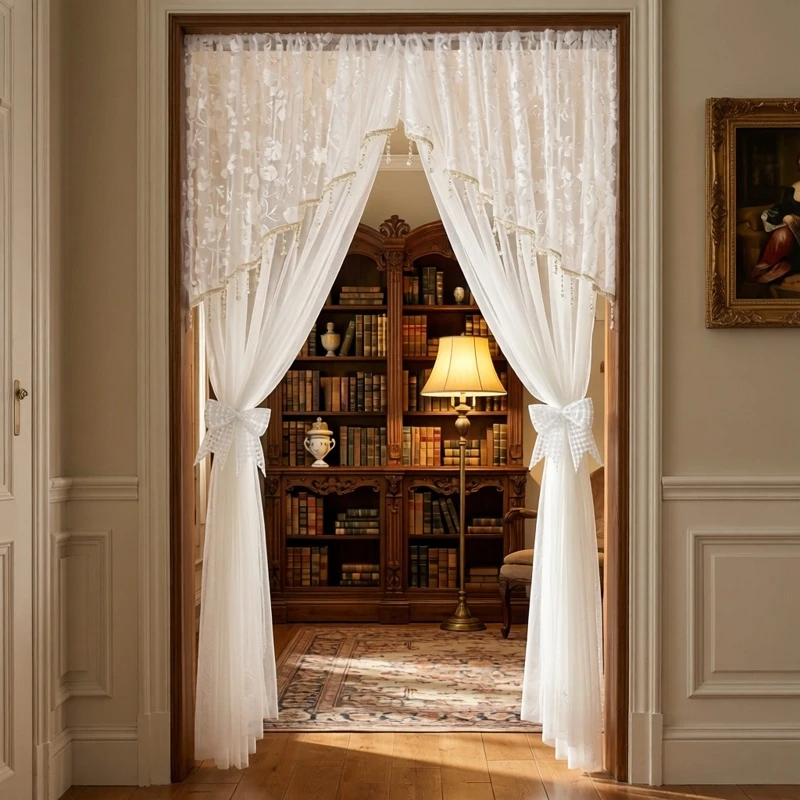 Moonlight White Lace Door Curtain Partition Curtain Privacy No Punching Light through Not People Blocking Home Use Bedroom Room