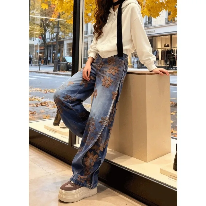 Fleece Retro Jacquard High-waisted Straight Jeans Women's Winter New Large-size Versatile and Thin Loose Wide-leg Pants Trousers