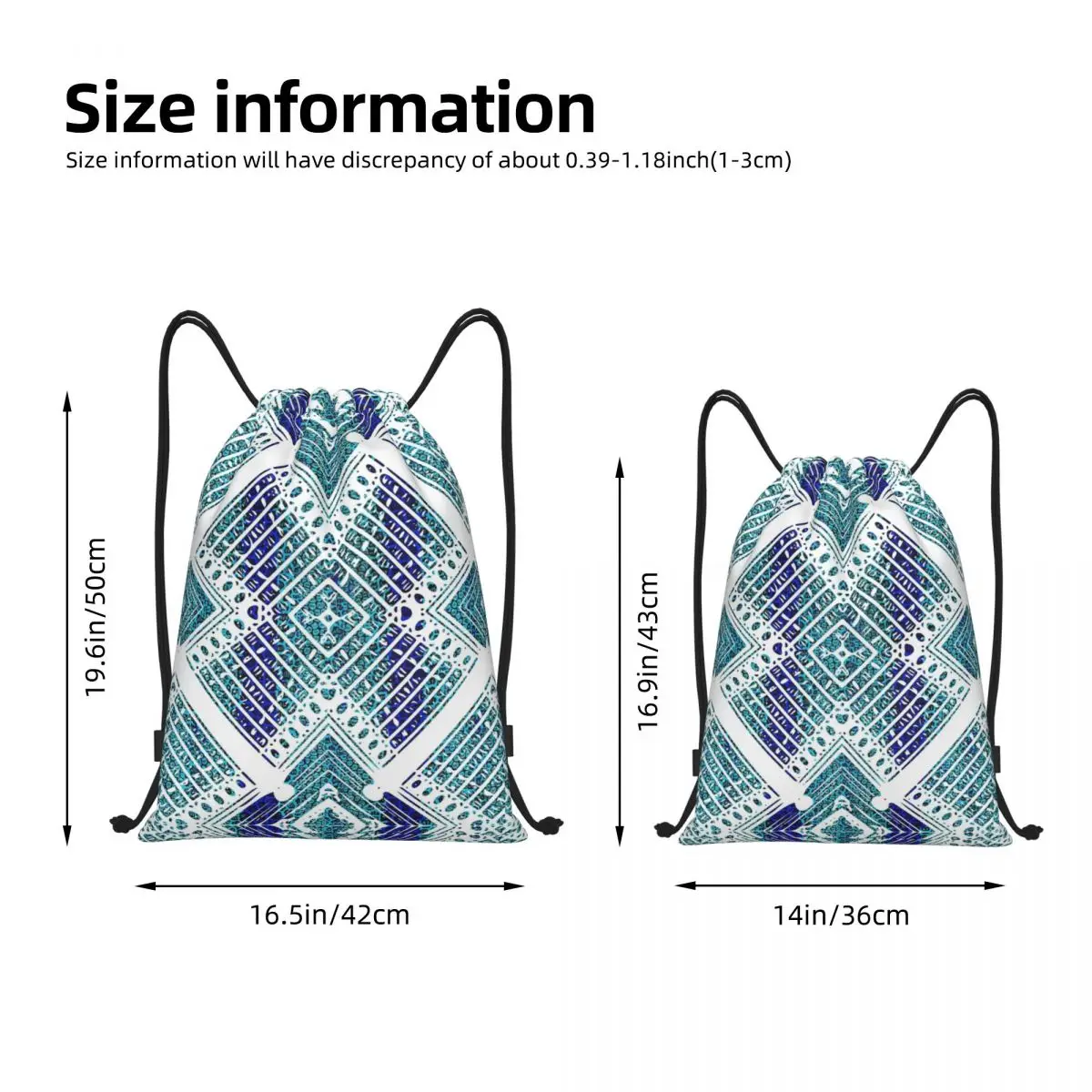 Geometric Ankara Drawstring Bags Soccer Backpack Gym Sackpack Water Resistant Teal and Blue Ankara African String Bag