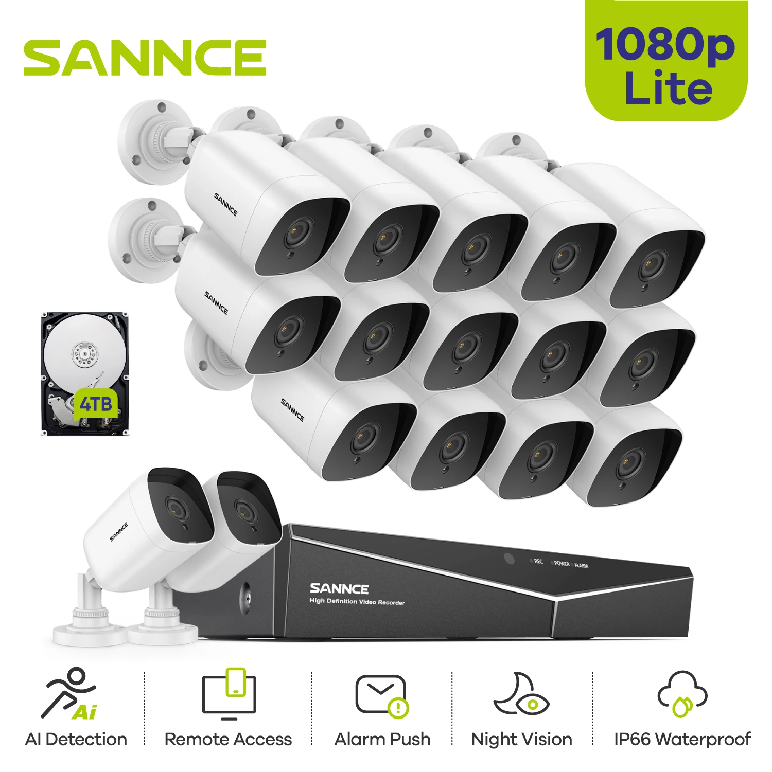 SANNCE 1080P 16CH Security Protection System Smart Alarm Email IR Night Vision Waterproof Surveillance Camera Kit Remote Monitor