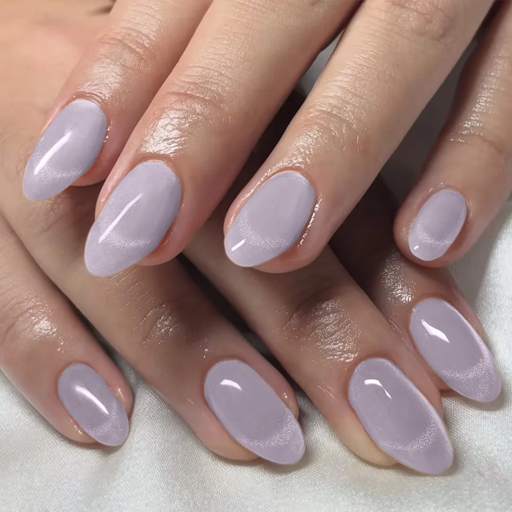 

24pcs Purple Almond False Nails Solid Color Cat'es Eye Full Cover Nail Tips Wearable Simple Fake Nail Round Head Press on Nails