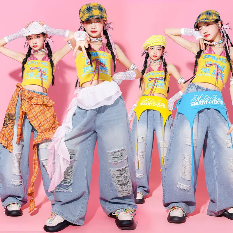 Girls Hip Hop Clothing Crop Tank Tops Jeans Kids K-pop Cargo Joggers Pants Street Dance Clothes Children Girl Group Costumes