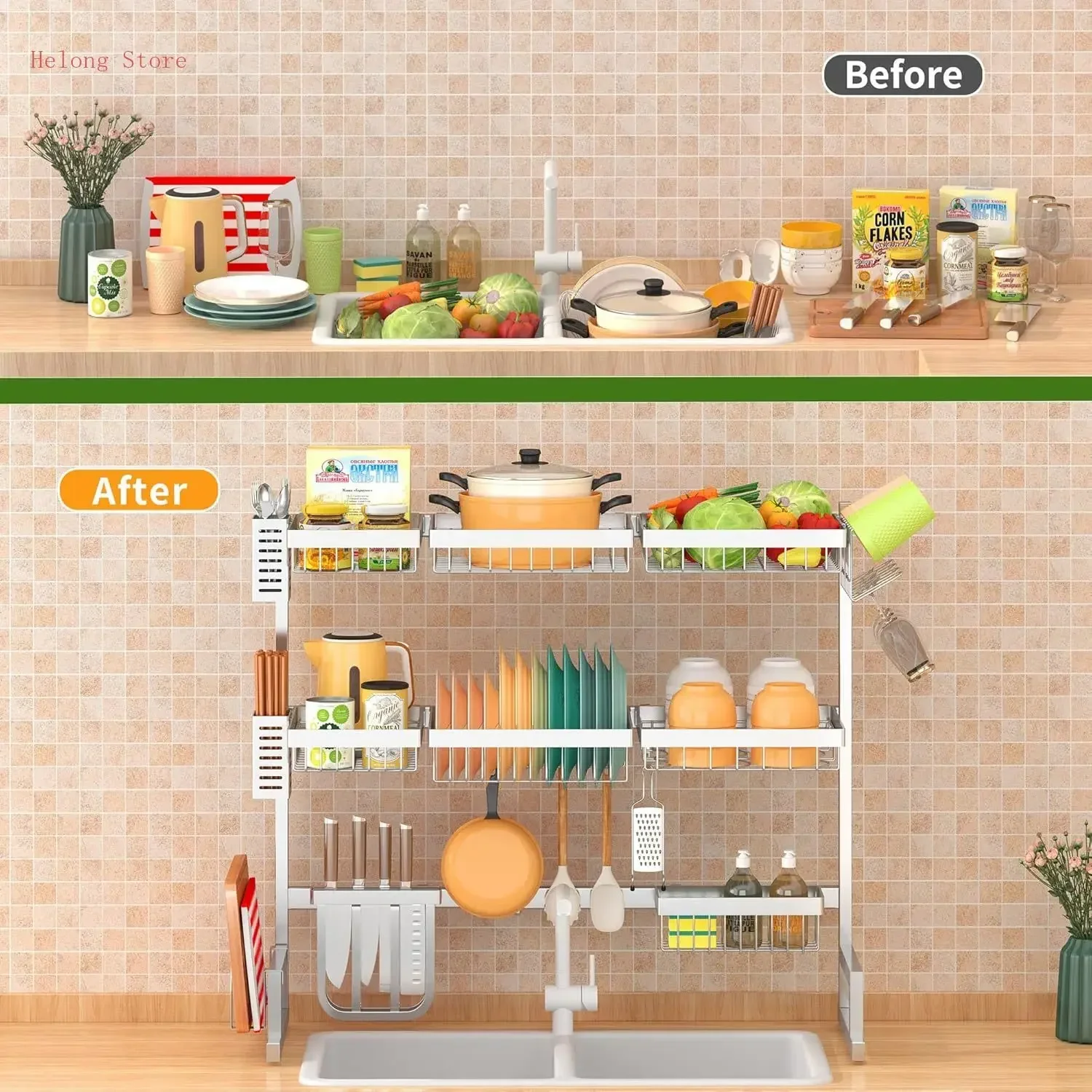 

Over Sink Dish Drying Rack Stainless Steel, Adjustable Large Dish Drainer for Storage Kitchen Organization Silver 3 Tier