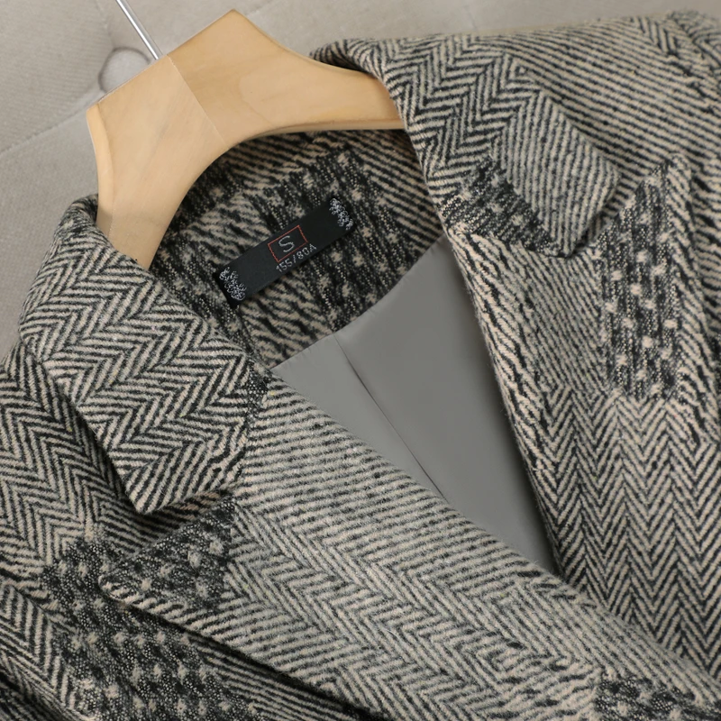 NAVIU Setelan Wanita Elegan Motif Kotak-kotak Abu-abu untuk Musim Dingin, Blazer Lengan Panjang Tebal Profesional Berkualitas Tinggi dan Celana untuk Pakaian Kerja Kantor