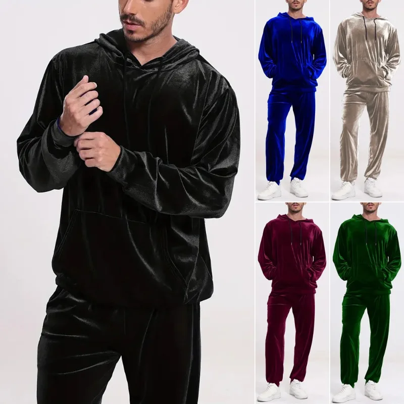 European and American Men's Solid-color Velvet Casual Set, Long-sleeved Hooded Sweatshirt, Tight-fitting Trousers Two-piece Set
