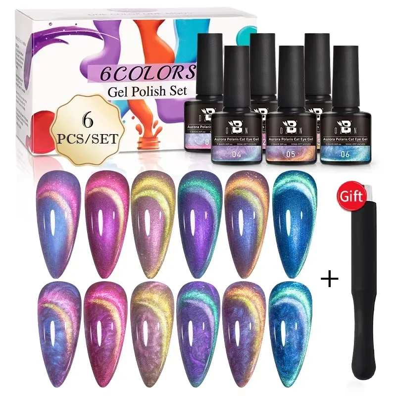 BOZLIN-Ensemble de vernis à ongles semi-continu pour manucure, 6 couleurs, Aurora ycin is Cat Eye, Soak Off, coque magnétique, fil UV LED, Nail Art