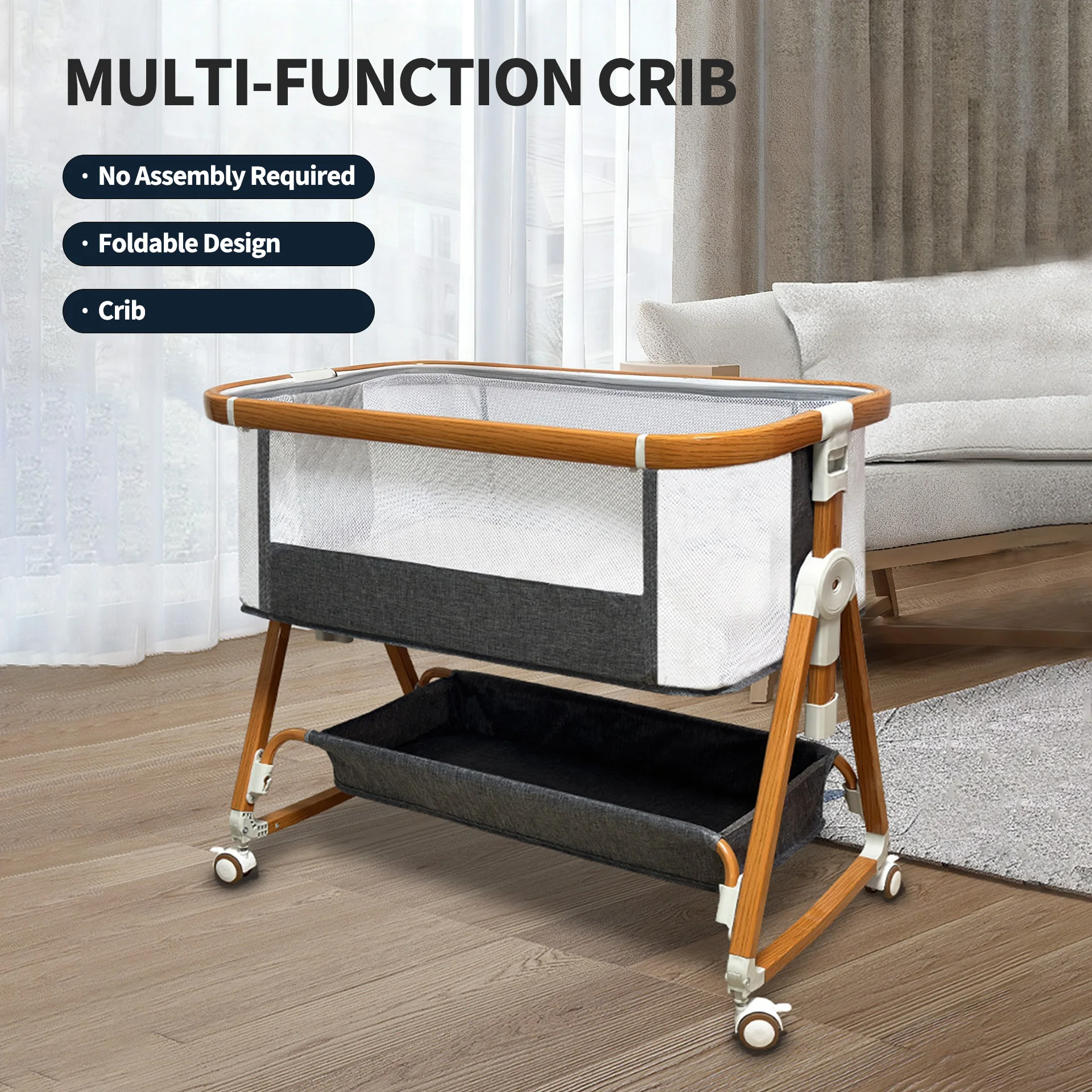 2 in 1 Rocking Baby Crib, Foldable & Mobile Bassinet with Lockable Wheels, Scientific Incline to Prevent Choking,