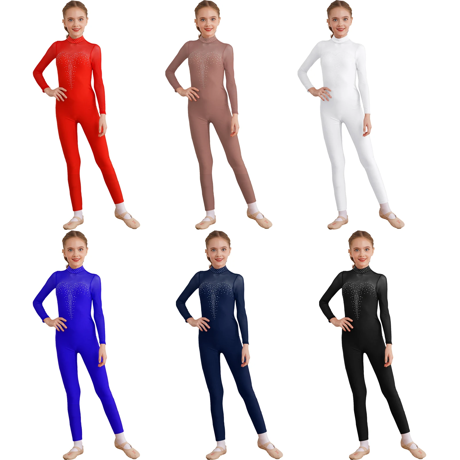 

Girls Ballet Gymnastics Leotard Figure Skating Dance Costume Keyhole Back Long Sleeve Shiny Rhinestone Unitard Jumpsuit