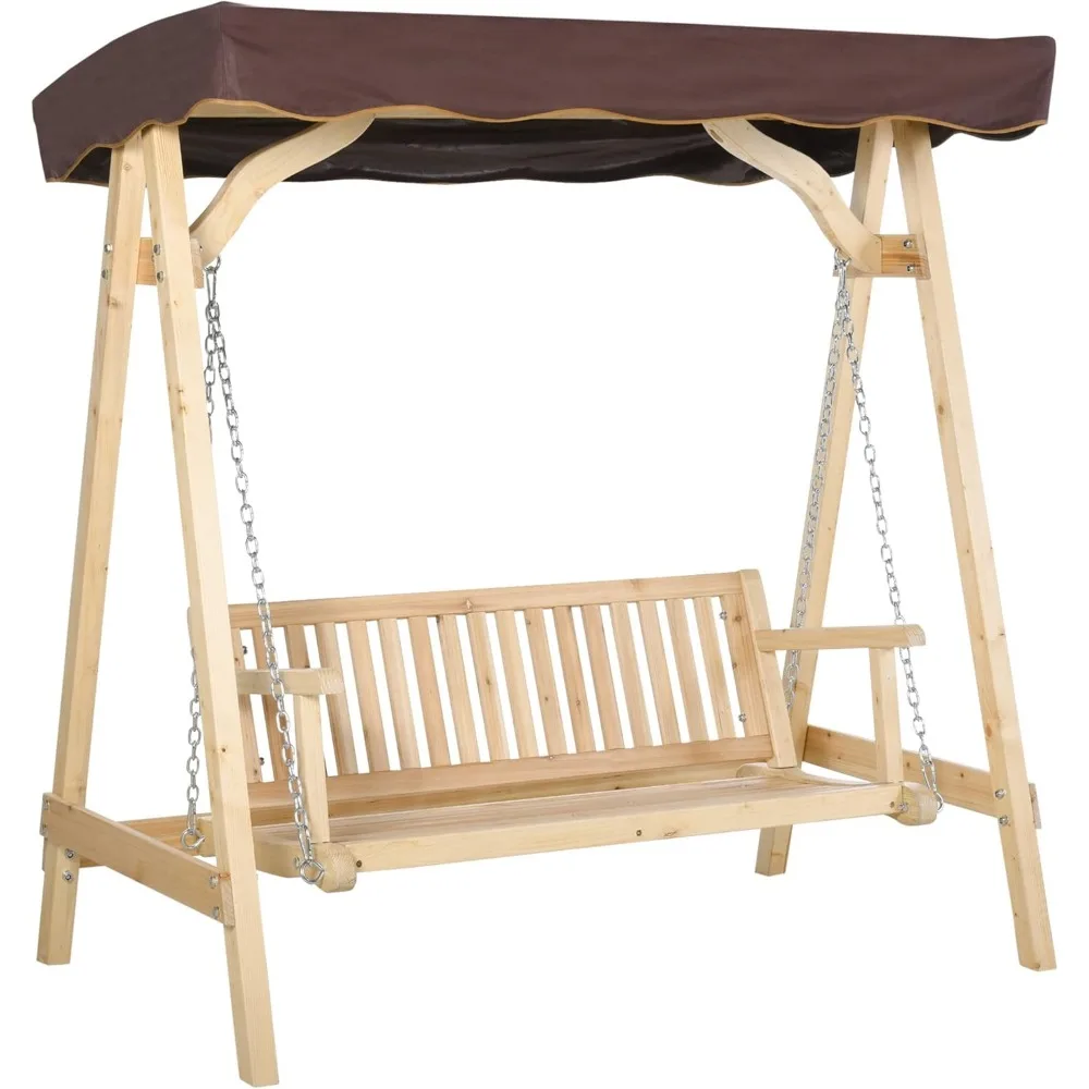 Wooden Porch Swing Bench, 2-Seater Outdoor Swing Glider with Adjustable Canopy, Adjustable Hanging Chains, A-Frame