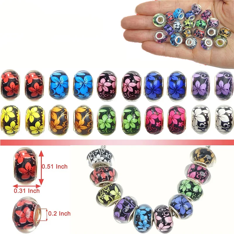 10Pcs/Lot Round Loose Resin Flower Print European Large Hole Spacer Beads Charms Fit Pandora Bracelets Women Jewelry Shoelaces