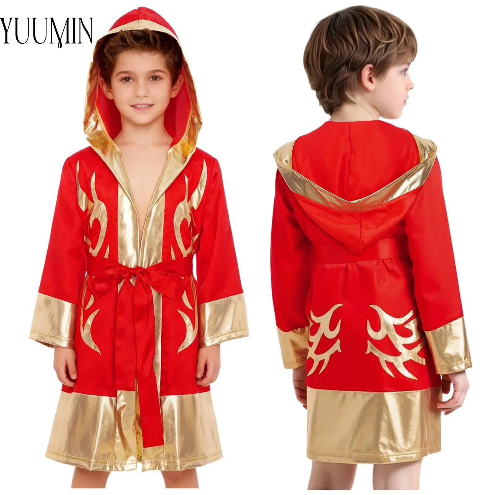 

Kids Boys Boxing Robe Training Outfit Girls Boxing Uniform Metallic Hooded Boxer Robe with Belt Set for Halloween Cosplay Party