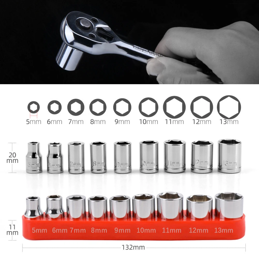 9-Piece 1/4 Inch Drive Metric Socket Set 5-13mm Hex Nut Remover Tool Kit Carbon Steel For Ratchet Wrench And Power Drill