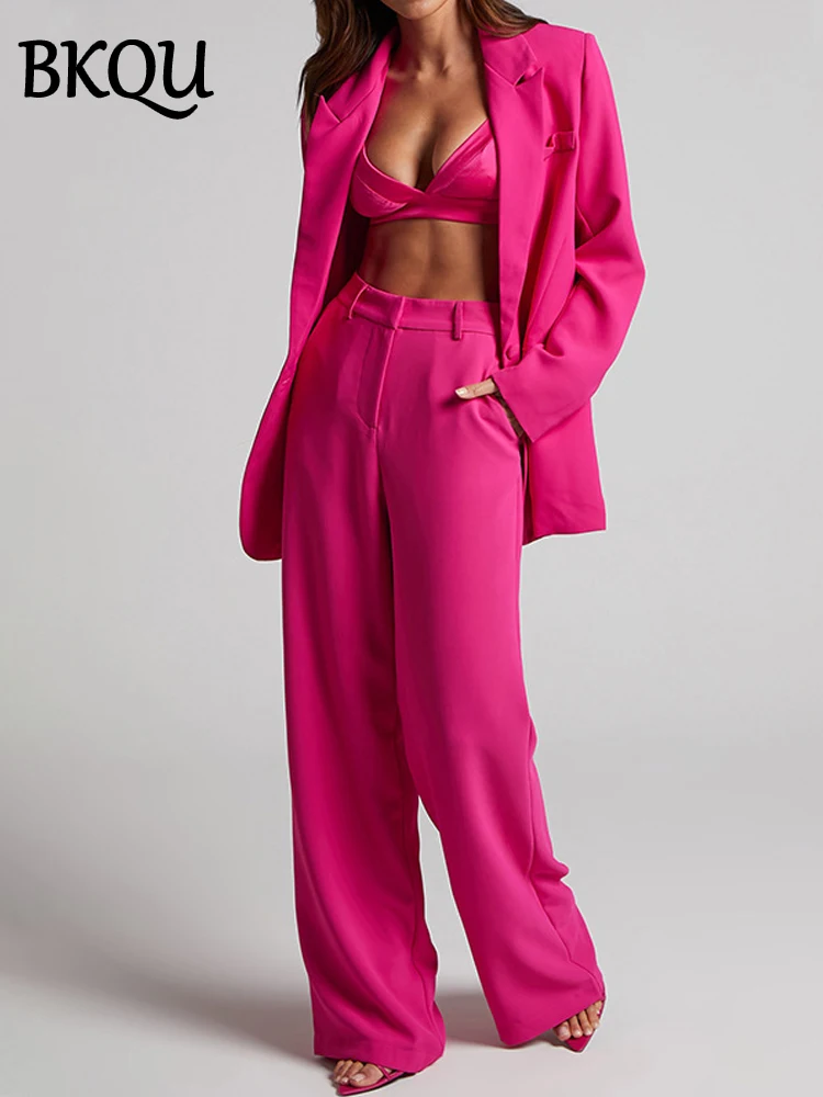 BKQU Fashion Blazer Pants Two Piece Set Women Commuting Outfit  Solid Notched Collar Jacket Wide Leg Trousers Elegant Party Suit