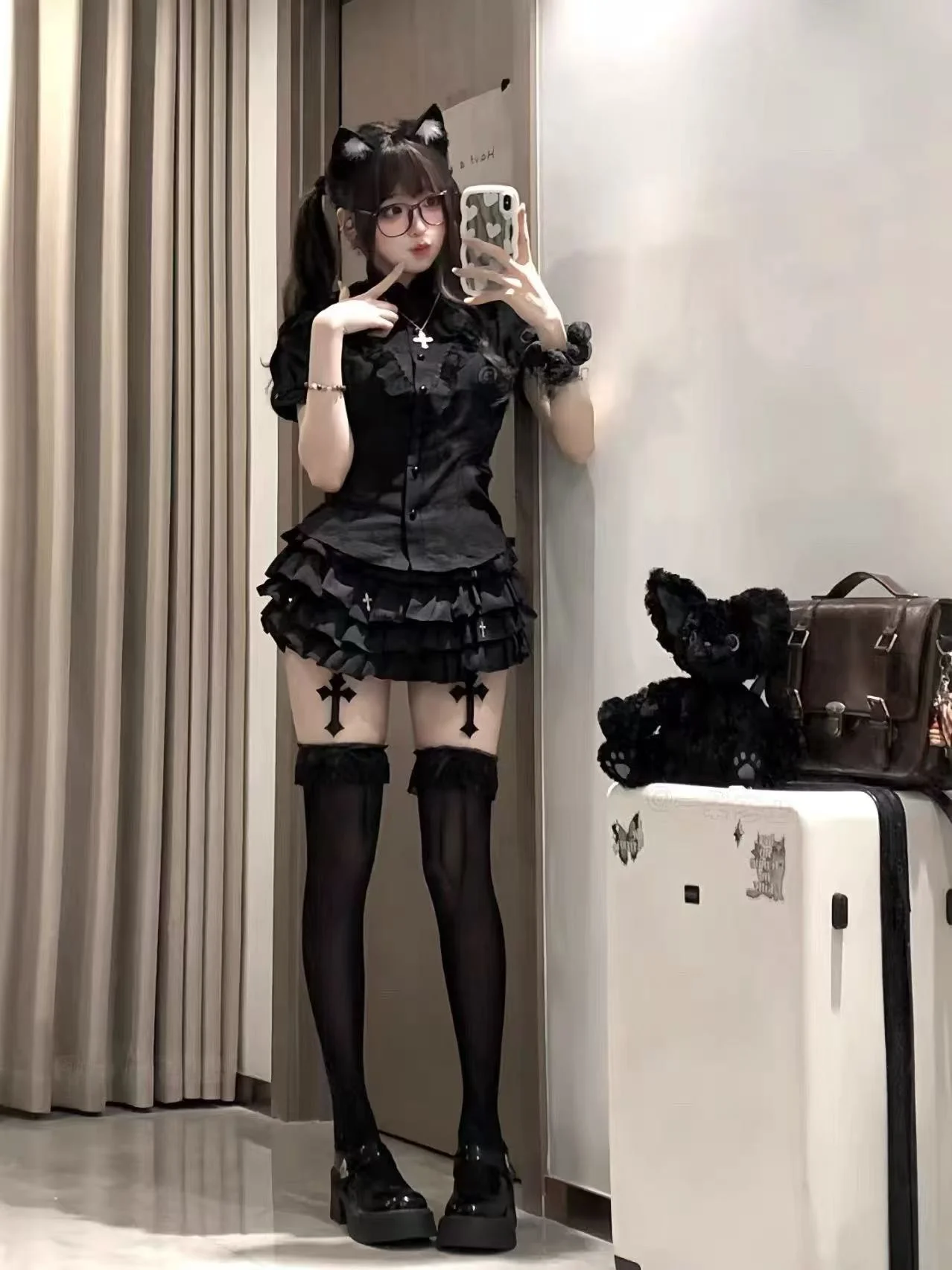 Conjunto de Csa de Manga Curta Estilo Gótico loween para Meninas Picantes com Saia Puff em Aodão Respirável