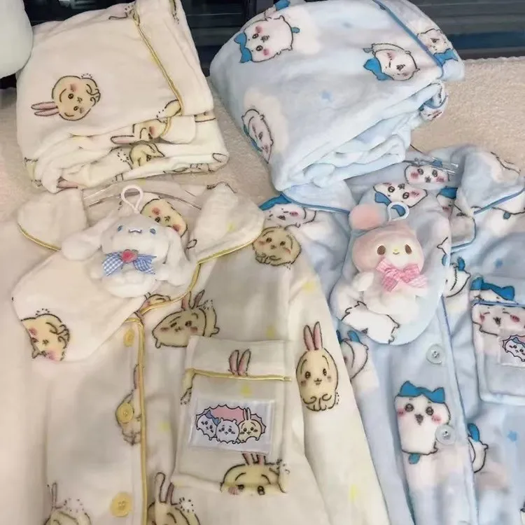 

Hachiware Pajamas Set Girls Winter Plus Velvet Thickened Warm Usagi Hello Kitty Sleepwear T Pochacco Home Nightgown Wear