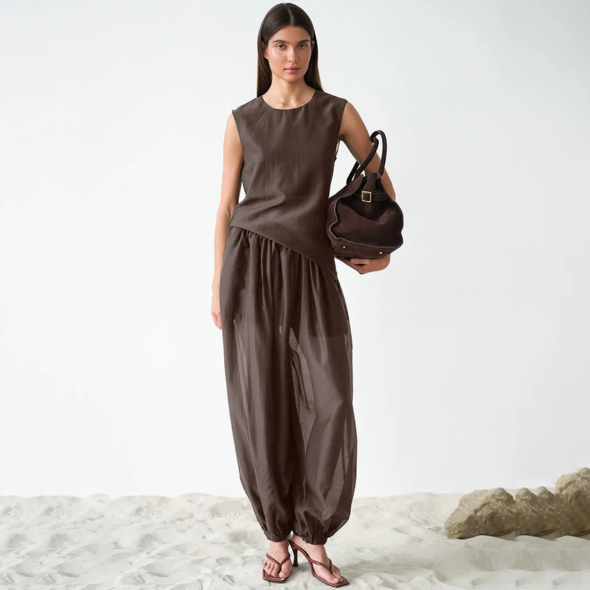 

Linad Vintage Brown Long Lantern Pants Woman O Neck Tank Top And Loose Trousers 2 Piece Set Elegant Sheer Outfits Female 2025