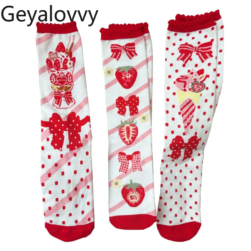 الأصلي الفراولة طباعة الحلو لطيف الفتيات الجوارب الطويلة القوس البولكا نقطة لوليتا الدانتيل الجوارب متوسطة أنبوب جورب المرأة اليابانية Sockings #6