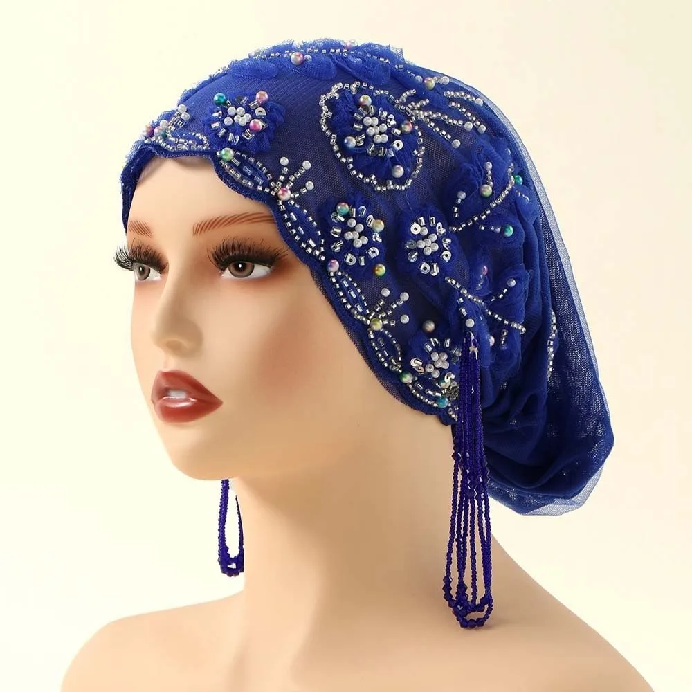 Shiny Beads Turban Hat Flower Embroidery Long Tassel Indian Headscarf Scalloped Edge Pre-tied Beaded Bonnet Ethnic Festival