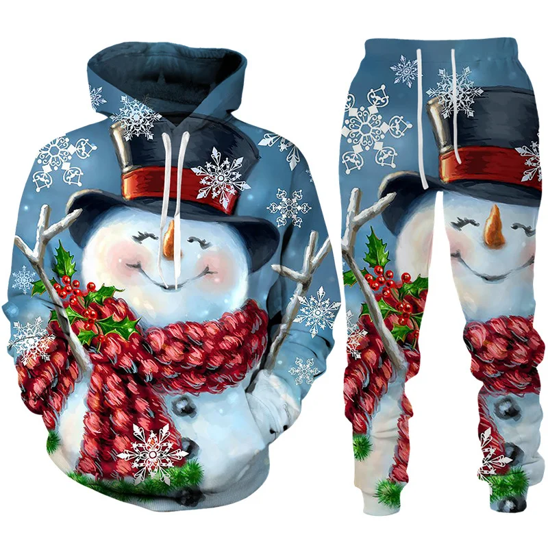 Moda natale pupazzo di neve stampa 3D felpa con cappuccio/pantaloni/tuta da uomo Casual divertente capodanno vestiti da festa coppia Streetwear tuta Set